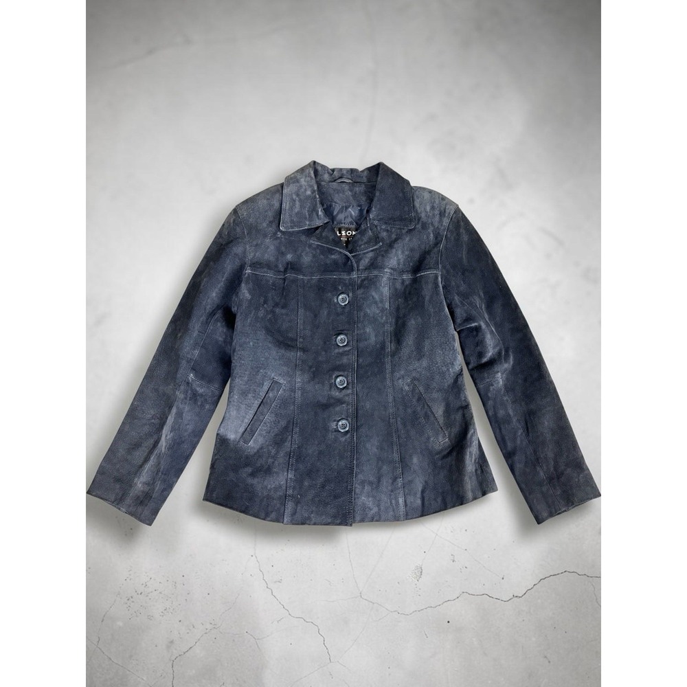 Vintage Wilsons Leather Suede Jacket Womens Medium Blue Gray Button Front Lined